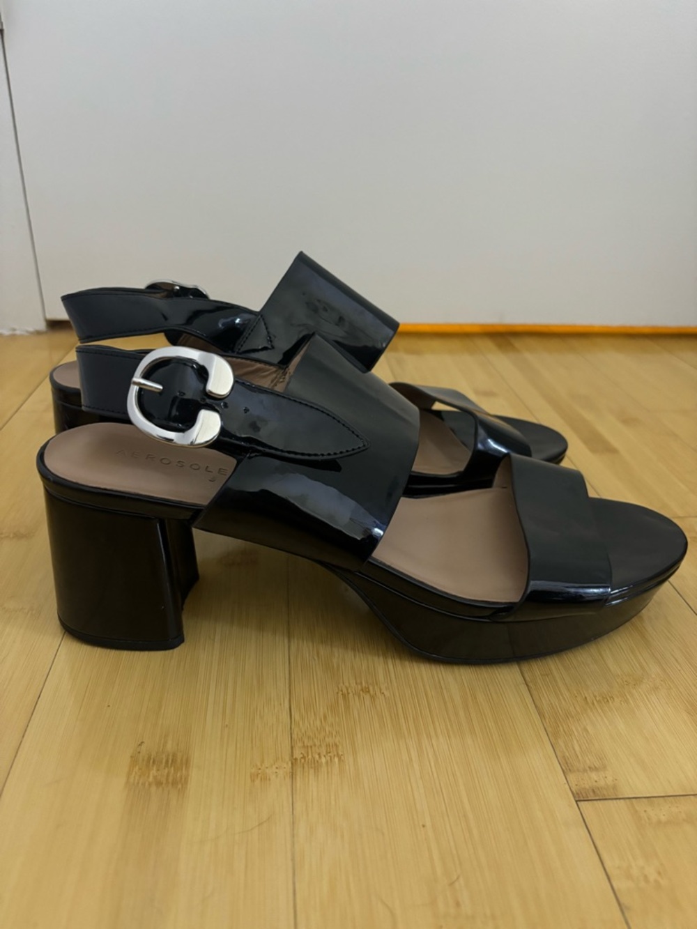 Women's Black Patent Platform Sandals with Buckle